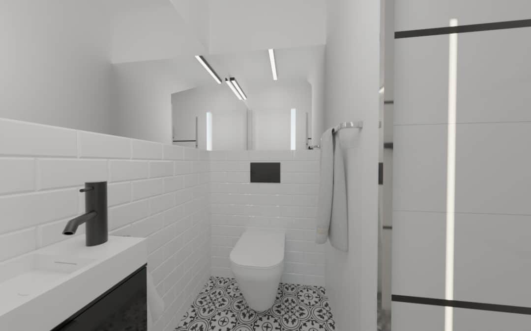 Biała toaleta ze wzorzystą podłogą