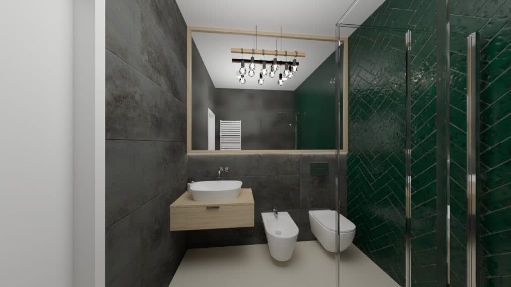 Projektant Wnętrz Warszawa ➜ Gdańsk ➜ łazienka zielona z drewnem,zielona łazienka inspiracje,łazienka z zielonym akcentem,zielona łazienka z drewnem,dodatki do łazienki butelkowa zieleń ➜ zielono szara lazienka z lustrem toaleta umywalka 1d 1024x576 1