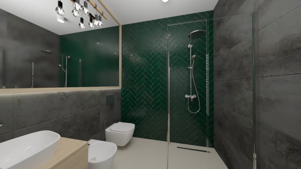 Projektant Wnętrz Warszawa ➜ Gdańsk ➜ łazienka zielona z drewnem,zielona łazienka inspiracje,łazienka z zielonym akcentem,zielona łazienka z drewnem,dodatki do łazienki butelkowa zieleń ➜ zielono szara lazienka z lustrem toaleta umywalka 1e 1024x576 1