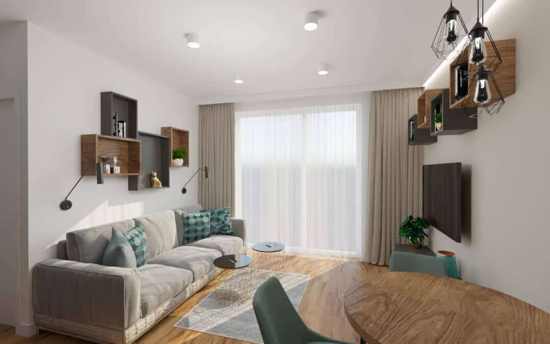 Salon z okrągłym stołem z kuchnią