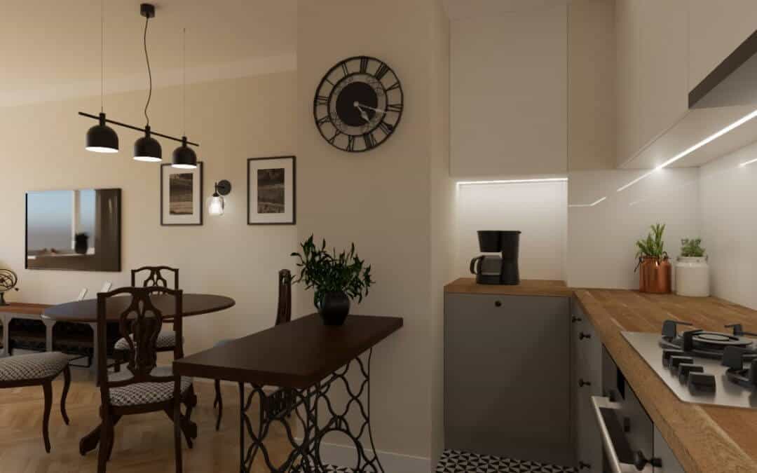 Salon retro otwarty na kuchnię