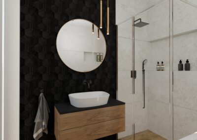 Łazienka czarna ściana i okrągłe lustro