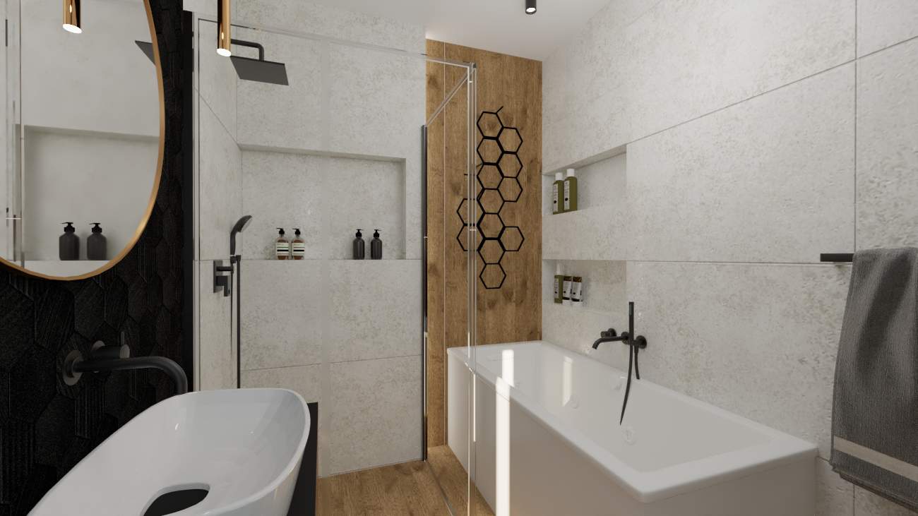 Projektant Wnętrz Warszawa ➜ Gdańsk ➜ czarna łazienka z drewnem,łazienka drewno z czarnym,łazienka biało czarna z drewnem,łazienki czarne z drewnem,łazienka czarna z dodatkiem drewna ➜ lazienka czarna sciana okragle lustro 1d