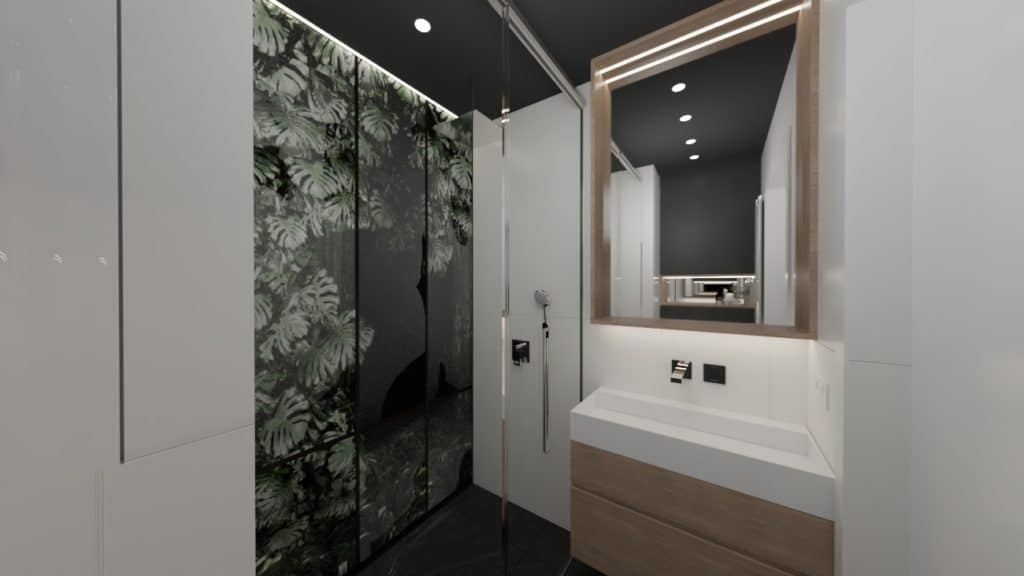 łazienka czarno biała z naturalnym motywem roślinnym