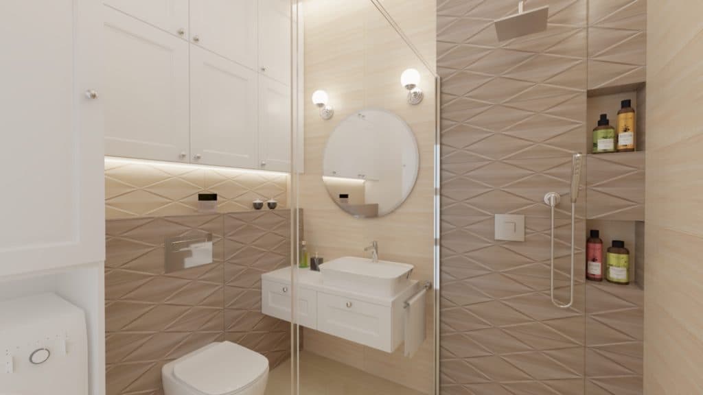 Projektant Wnętrz Warszawa ➜ Gdańsk ➜ beżowa łazienka elegancka,beżowa łazienka trendy,łazienka beżowy marmur,mozaika beżowa łazienka,beżowa łazienka z drewnem ➜ lazienka elegancki braz 1b