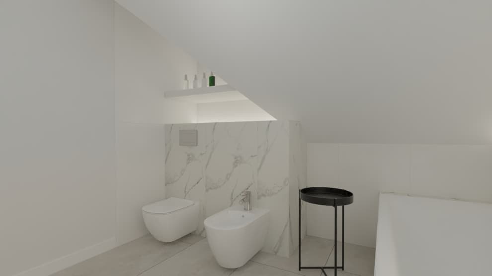 Projektant Wnętrz Warszawa ➜ Gdańsk ➜ łazienka biały marmur,biała marmurowa łazienka,łazienka ze skosem i wanną,łazienki na poddaszu z wanną i prysznicem,mała łazienka biały marmur ➜ lazienka na poddaszu 1a