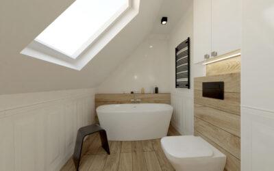 Łazienka na&nbsp;poddaszu z&nbsp;elementami klasyki