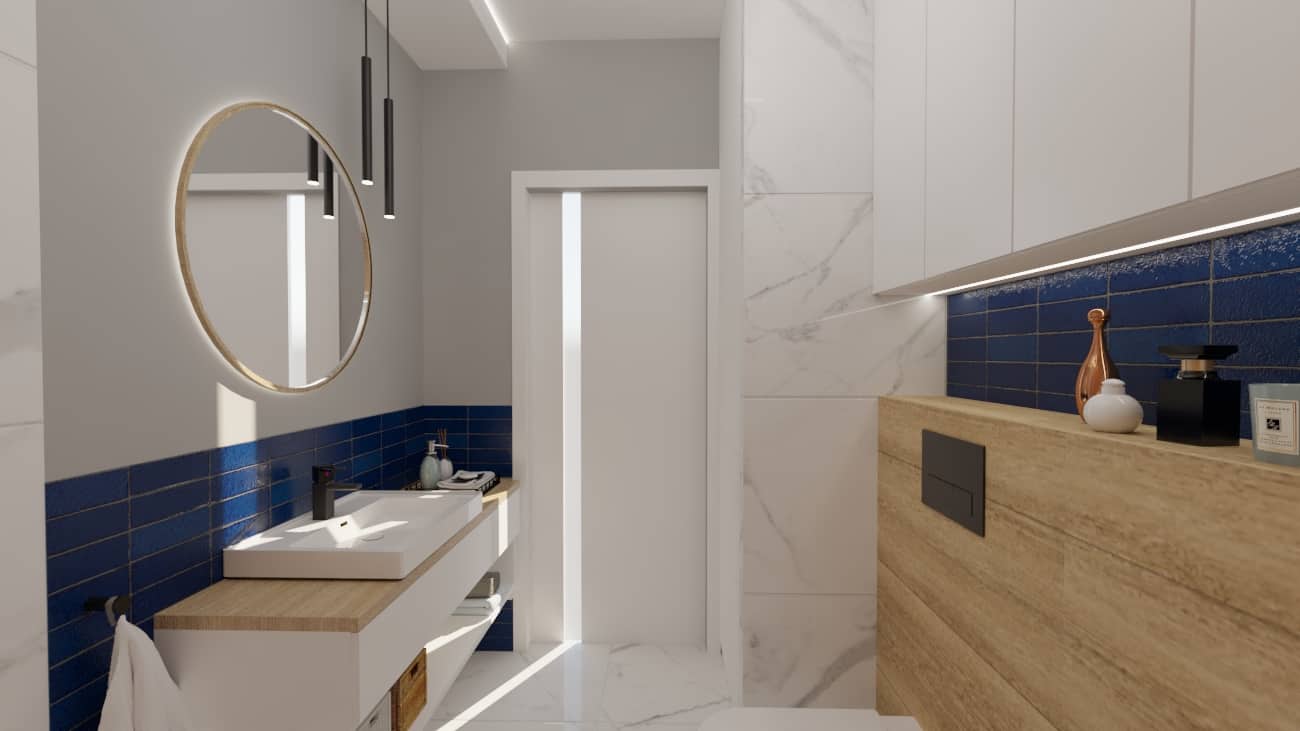 Projektant Wnętrz Warszawa ➜ Gdańsk ➜ biało niebieska łazienka,mała łazienka niebieska,łazienka niebieska z drewnem,niebiesko biała łazienka,niebieskie dodatki do łazienki ➜ lazienka niebieska z okraglym lustrem 1a