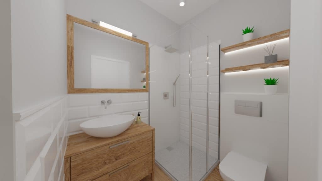 Projektant Wnętrz Warszawa ➜ Gdańsk ➜ łazienka biała z drewnem,szare łazienki z drewnem,łazienka płytki cegiełki białe,białe płytki cegiełki w łazience,płytki cegiełki białe ➜ lazienka od salonu 1a