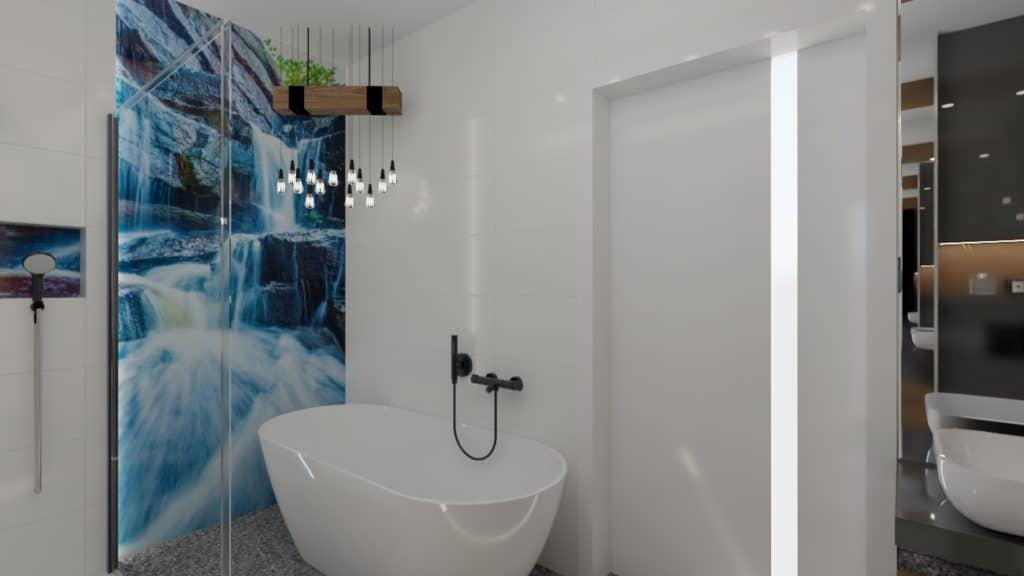 Projektant Wnętrz Warszawa ➜ Gdańsk ➜ łazienka z wodospadem,wodospad w łazience,biało szara łazienka inspiracje,mała łazienka biała z elementami drewna,łazienka białe kafelki i drewno ➜ lazienka z lustrem i wodospadem 1c