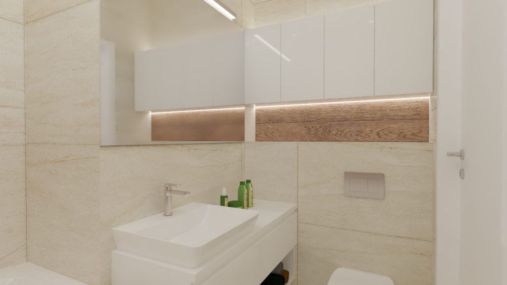 Projektant Wnętrz Warszawa ➜ Gdańsk ➜ mała łazienka marmur i drewno,biała łazienka z wanną,jakie meble do białej łazienki,łazienka płytki drewnopodobne i białe,łazienka biała z drewnem jakie dodatki ➜ lazienka z wanna goclaw 2a