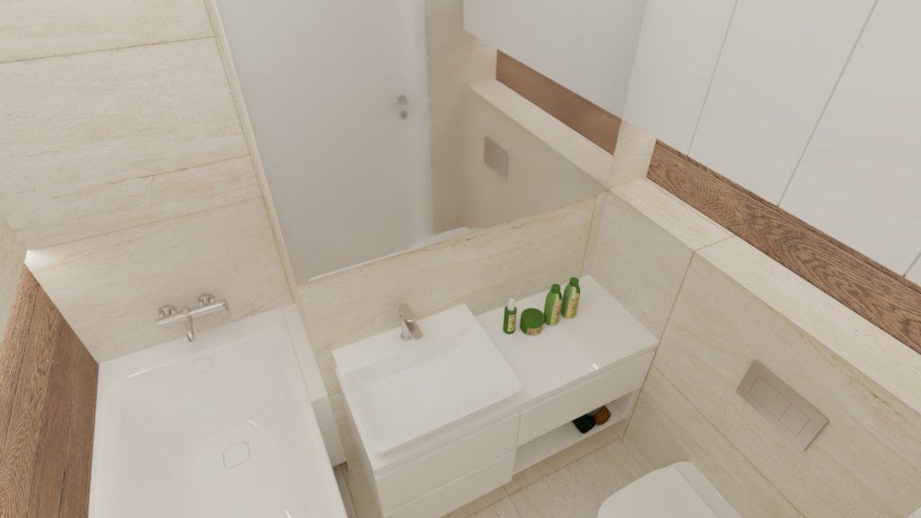 Projektant Wnętrz Warszawa ➜ Gdańsk ➜ mała łazienka marmur i drewno,biała łazienka z wanną,jakie meble do białej łazienki,łazienka płytki drewnopodobne i białe,łazienka biała z drewnem jakie dodatki ➜ lazienka z wanna goclaw 2b