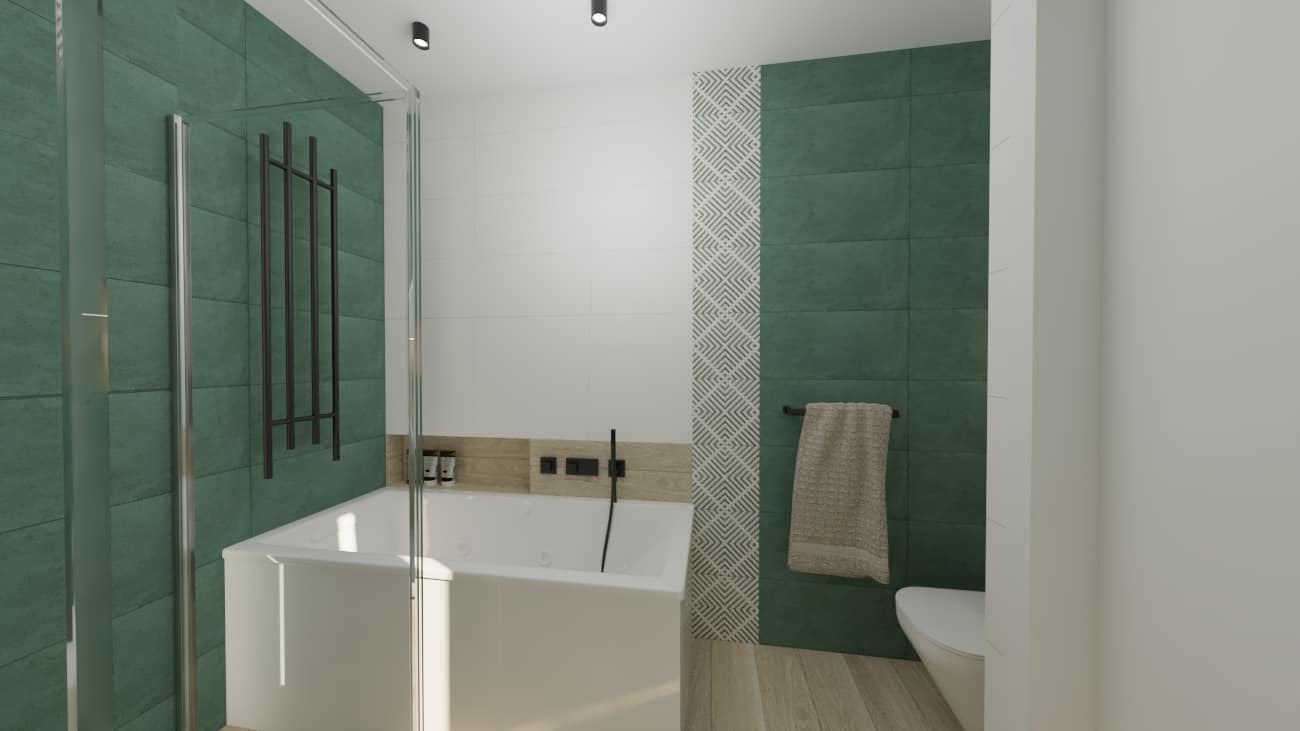 Projektant Wnętrz Warszawa ➜ Gdańsk ➜ zielona łazienka,łazienka zielona z drewnem,zielone płytki do łazienki,łazienki biało zielone,łazienka biało zielona ➜ lazienka zielona z czarnymi dodatkami 1f