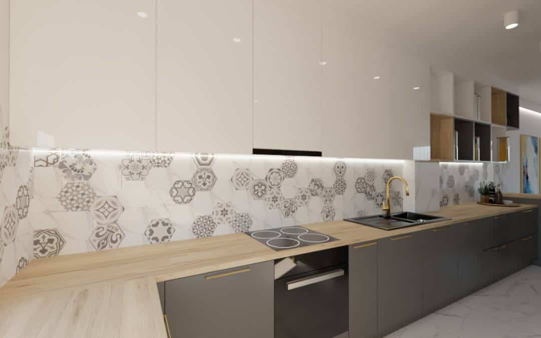 Kuchnia z salonem ściana z cegły