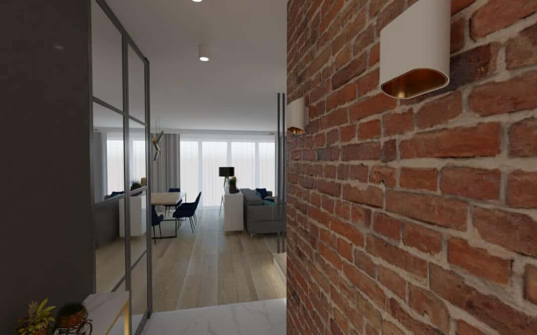 Salon z ceglaną ścianą TV