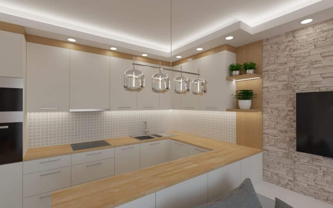 Salon biały kamień z kuchnią