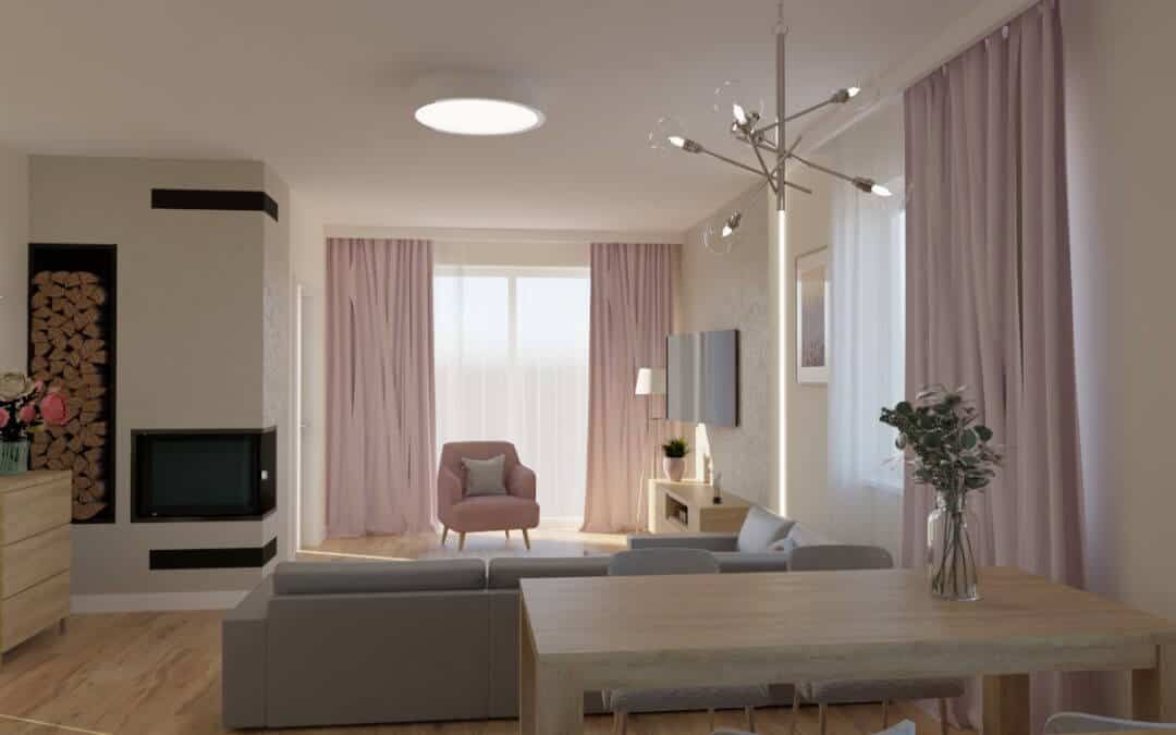 Salon z różowym akcentem otwarty na kuchnię