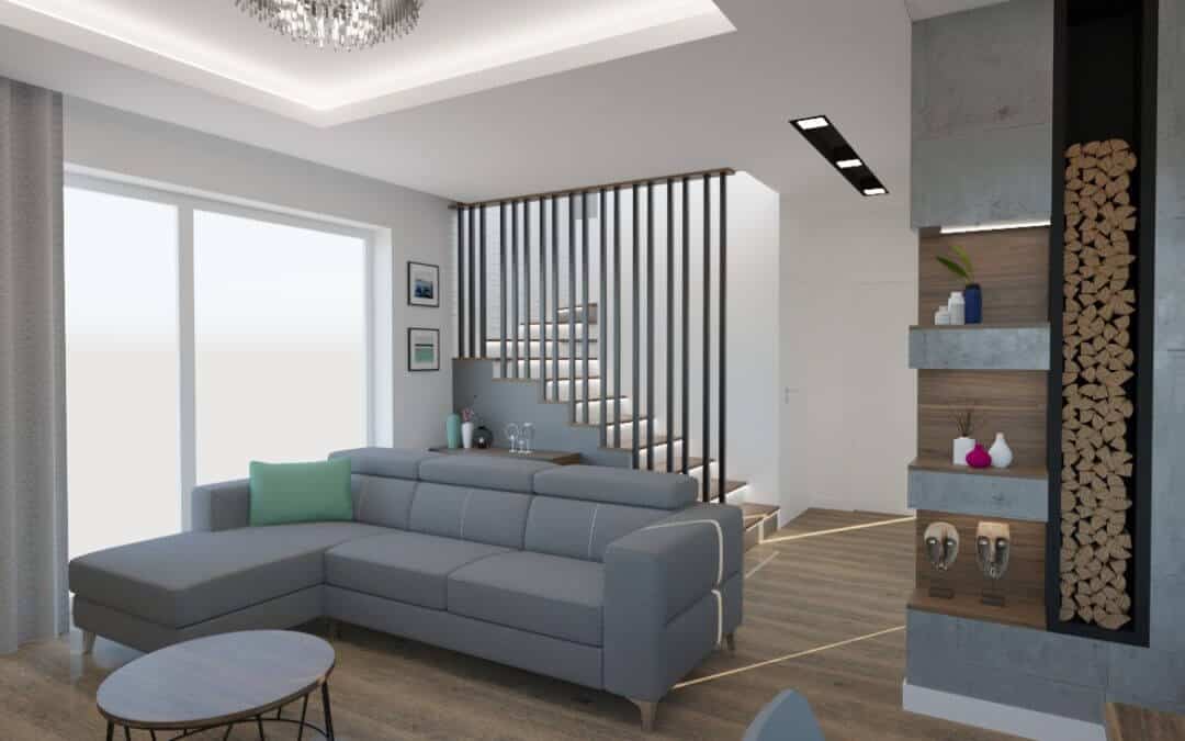 Salon z kuchnią schody