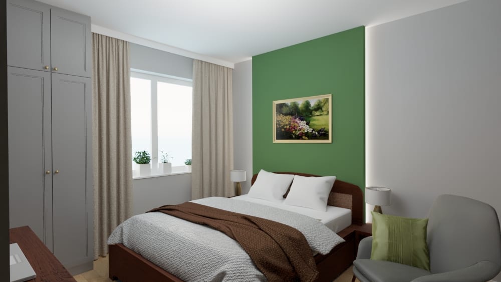 Projektant Wnętrz Warszawa ➜ Gdańsk ➜ sypialnia z zieloną ścianą,sypialnia w zieleni i brązie,sypialnia z telewizorem aranzacje,szafa do sypialni z wnęką na telewizor,telewizor na ścianie w sypialni ➜ sypialnia na ochocie szczesliwice 1a