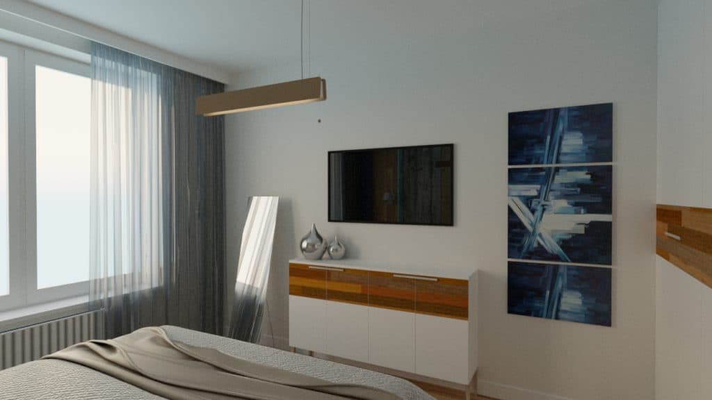 Projektant Wnętrz Warszawa ➜ Gdańsk ➜ sypialnie aranżacja,sypialnia inspiracje,sypialnie inspiracje kolory,mała sypialnia inspiracje,aranżacja małej sypialni z szafą ➜ sypialnia z elementami drewna 1a