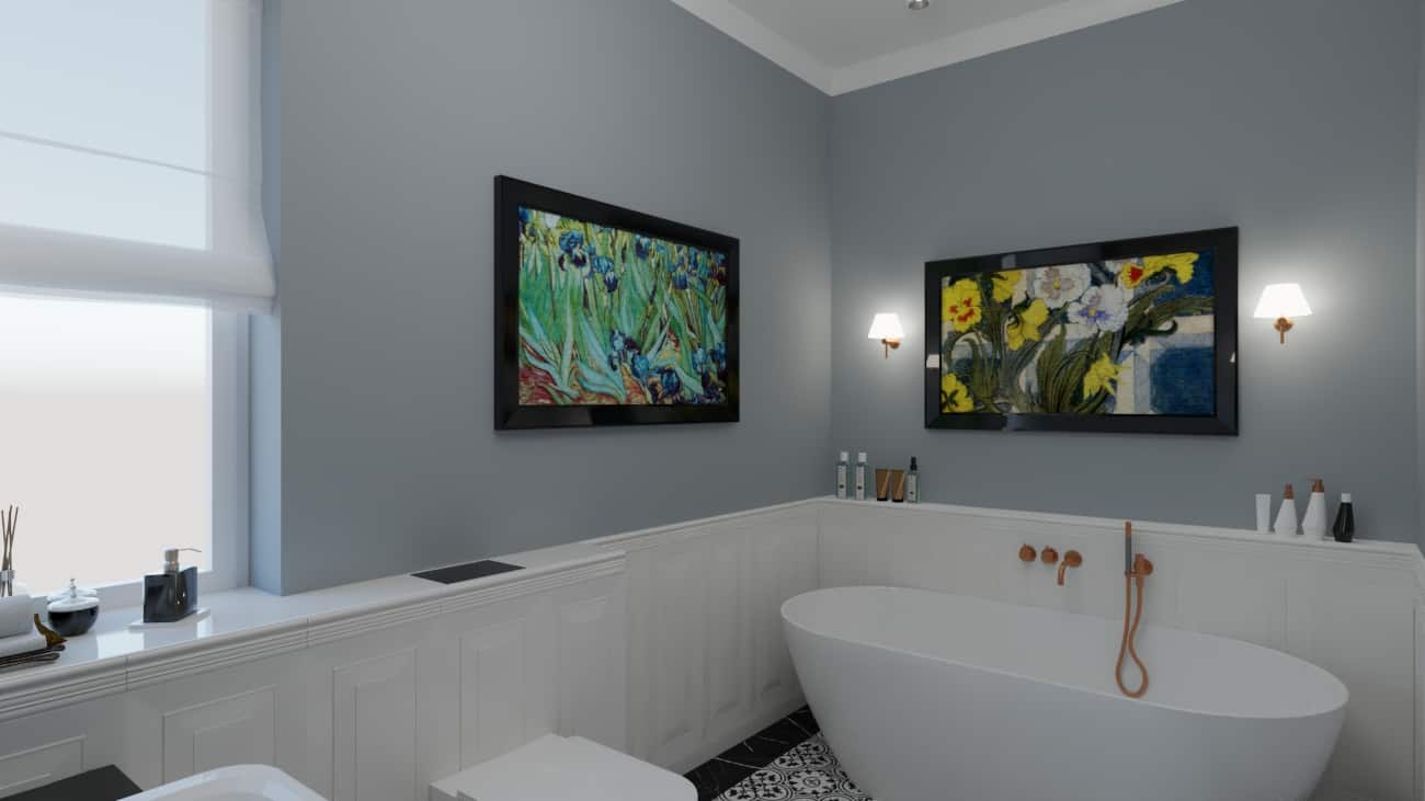 Projektant Wnętrz Warszawa ➜ Gdańsk ➜ klasyczna łazienka inspiracje,mała łazienka biało szara,łazienka z obrazami na ścianie,mała łazienka w stylu klasycznym,łazienka szary z drewnem ➜ lazienka klasyczna z obrazami1a