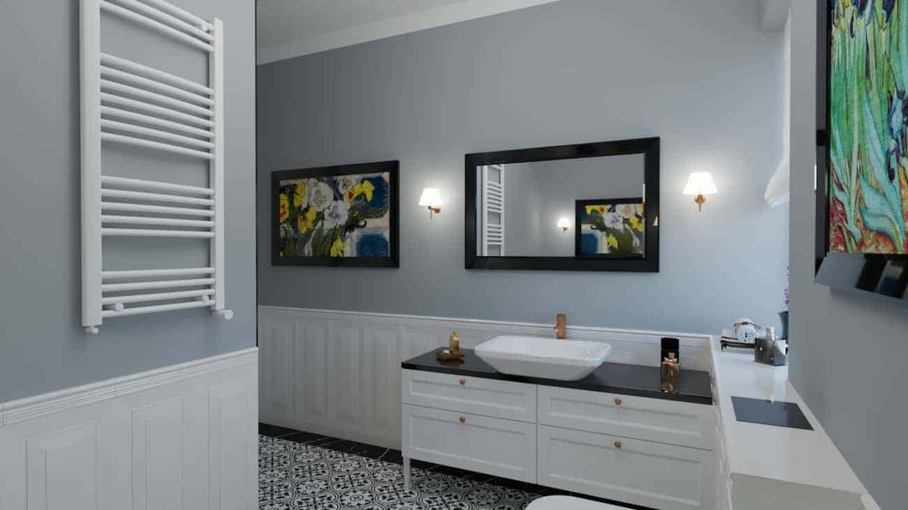 Projektant Wnętrz Warszawa ➜ Gdańsk ➜ klasyczna łazienka inspiracje,mała łazienka biało szara,łazienka z obrazami na ścianie,mała łazienka w stylu klasycznym,łazienka szary z drewnem ➜ lazienka klasyczna z obrazami1c
