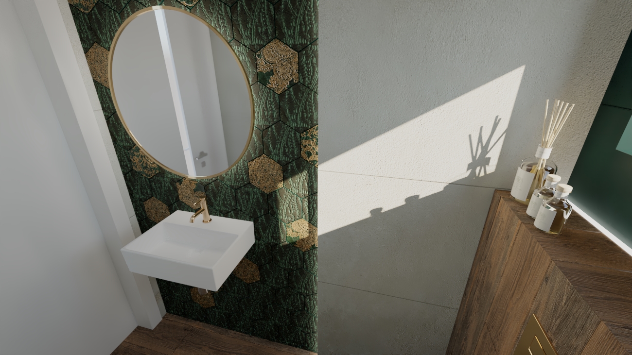 łazienka butelkowa zieleń złoto i drewno