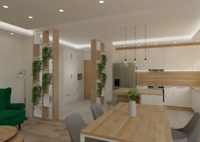 Kuchnia otwarta na salon – krem, drewno i zieleń
