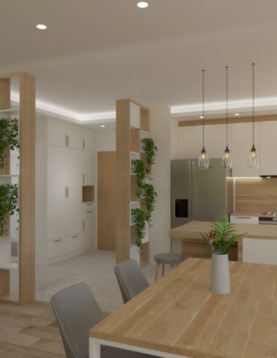 Kuchnia otwarta na&nbsp;salon – krem, drewno i&nbsp;zieleń