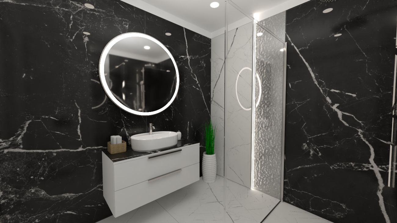 Nowoczesna łazienka z czarno-białymi marmurami