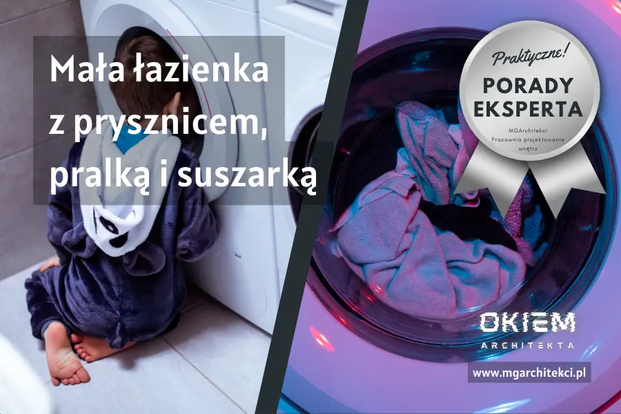 Mała łazienka z prysznicem pralką i suszarką