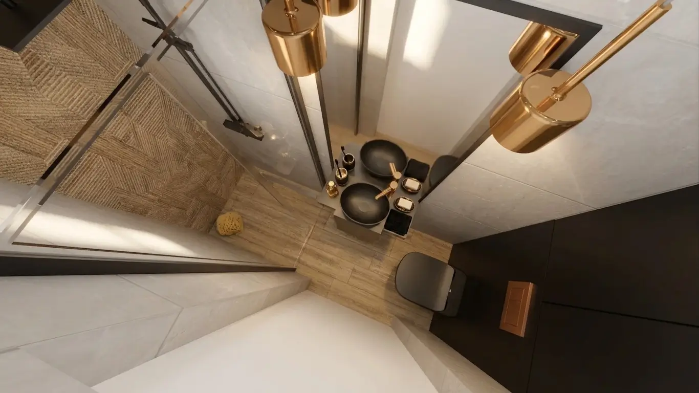 Architekt Wnętrz Warszawa ➜ Gdańsk ➜ PROJEKTOWANIE WNĘTRZ WARSZAWA ŚRÓDMIEŚCIE ➜ Projektowanie Wnętrz Warszawa Śródmieście Zaskakujące połączenie miedzi i czerni w łazience