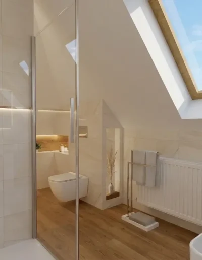 Architekt Wnętrz Warszawa ➜ Gdańsk ➜ PROJEKTY – ŁAZIENKI Projektant Łazienek Warszawa Mazowieckie ➜ Jak zaprojektować łazienkę? Łazienka na poddaszu z korytarzem