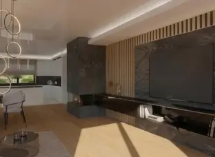 Projektant Wnętrz Warszawa ➜ Gdańsk ➜ Nowoczesny salon z elementami drewna, Nowoczesny salon z jadalnią aranżacje, salon nowoczesny, nowoczesny salon inspiracje ➜ symulacja swiatla dziennego
