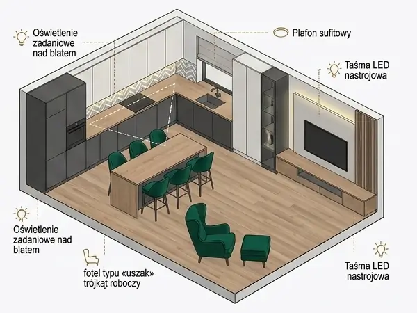 Projektant Wnętrz Warszawa ➜ Gdańsk ➜ kuchnie z jadalnią, kuchnia z salonem i jadalnią, mała kuchnia z salonem i jadalnią, jadalnie z salonem, salon z jadalnią inspiracje ➜ wielopoziomowe scenariusze oswietleniowe