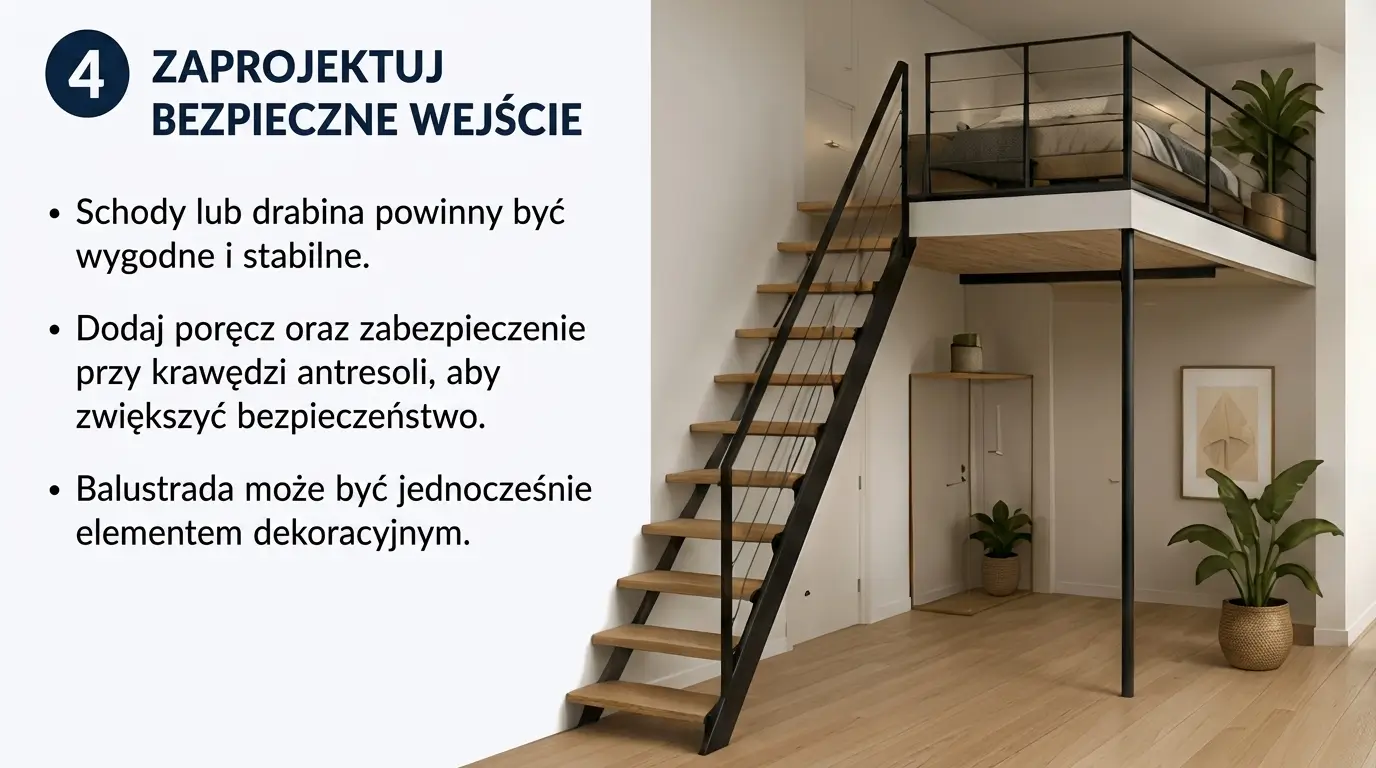 Projektant Wnętrz Warszawa ➜ Gdańsk ➜ łóżko z antresolą,łóżko z antresolą dla dzieci,sypialnia na antresoli,pokój z łóżkiem na antresoli,sypialnia na antresoli aranżacje ➜ 4 zaplanuj bezpieczne wejscie