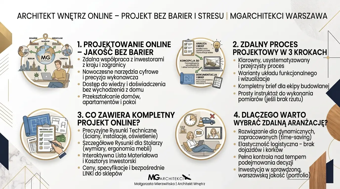 Projektant Wnętrz Warszawa ➜ Gdańsk ➜ Projektowanie mieszkania online ➜ infografika architekt wnetrz online projekt bez barier i stresu