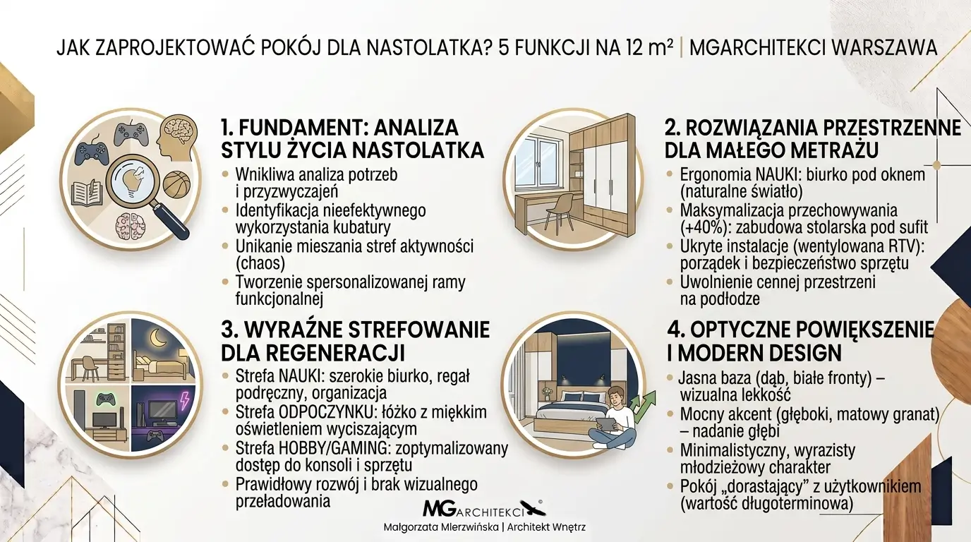 Projektant Wnętrz Warszawa ➜ Gdańsk ➜ Jak zaprojektować pokój młodzieżowy? ➜ infografika jak zaprojektowac pokoj dla nastolatka