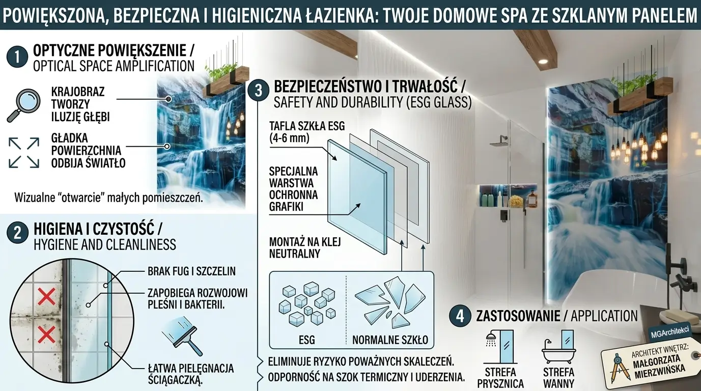 Projektant Wnętrz Warszawa ➜ Gdańsk ➜ łazienka z wodospadem,wodospad w łazience,biało szara łazienka inspiracje,mała łazienka biała z elementami drewna,łazienka białe kafelki i drewno ➜ lazienka ze szklanym panelem