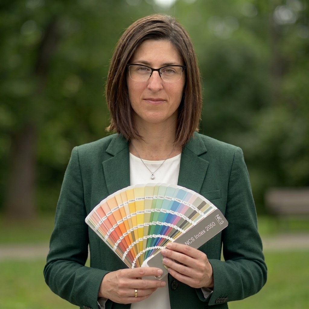 Portret Małgorzaty Mierzwińskiej, założycielki pracowni MGArchitekci, ubranej w&nbsp;zieloną marynarkę na&nbsp;tle rozmytej zieleni.