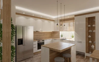 Architekt Wnętrz Warszawa ➜ Gdańsk ➜ Projektant łazienek ➜ projektant łazienek,projektanci łazienek,projekt łazienki,projektanta łazienki,ile kosztuje projekt łazienki Kuchnia otwarta na salon – krem, drewno i zieleń