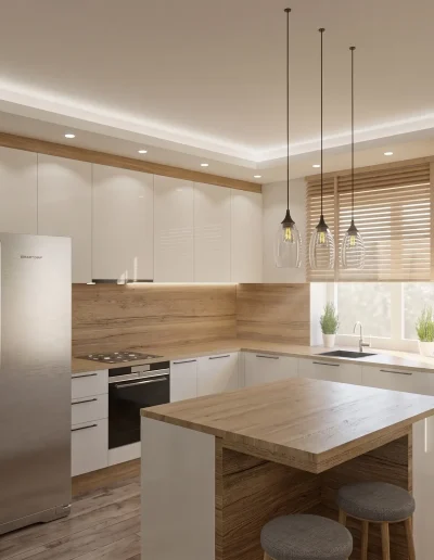 Architekt Wnętrz Warszawa ➜ Gdańsk ➜ PROJEKTY – SALONY Projektant Mieszkań Warszawa Mazowieckie ➜ Jak zaprojektować salon? Kuchnia otwarta na salon – krem, drewno i zieleń